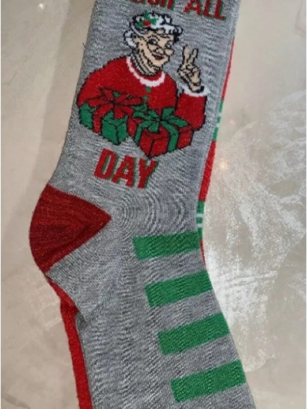 Men's Gray Holiday Novelty Socks with Red & Green Accents